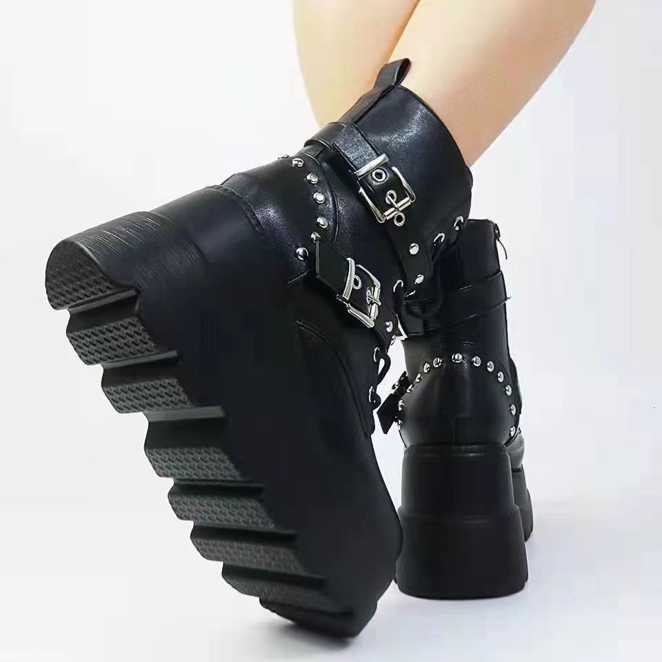 Damen Plateau-Stiefeletten mit modischen Schnallen und robuster Sohle