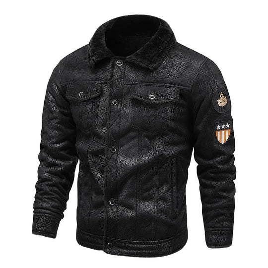 Herren Fliegerjacke aus Kunstleder mit Teddyfell-Futter und Aufnäher Shop Nory