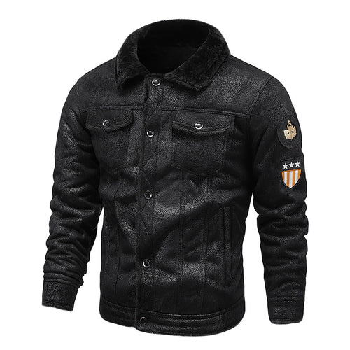 Herren Fliegerjacke aus Kunstleder mit Teddyfell-Futter und Aufnäher Shop Nory
