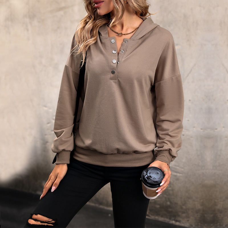 Damen Lässiges Kapuzen-Henley-Sweatshirt mit Druckknopfleiste und Gummizug-Saum Shop Nory