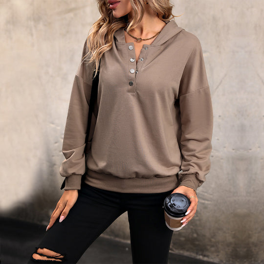 Damen Lässiges Kapuzen-Henley-Sweatshirt mit Druckknopfleiste und Gummizug-Saum Shop Nory