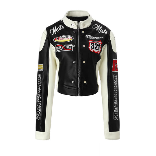 Damen Bikerjacke im Racing-Look mit gestickten Patches und kontrastierenden Ärmeln Shop Nory