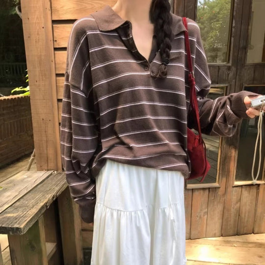 Damen Oversize-Polokragen-Strickpullover mit Streifen und halber Knopfleiste Shop Nory