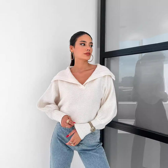 Damen Oversize Rippsweater mit Reverskragen und tiefem V‑Ausschnitt Shop Nory