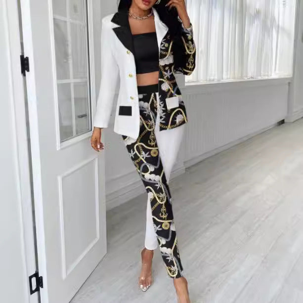 Damen Asymmetrisches Hahnentritt-Tailoring-Set mit Zweifarbiger Halb-Detailierung Shop Nory