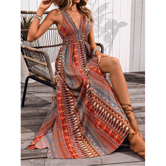 Damen Maxikleid mit tiefem V-Ausschnitt und schwingendem Rock
