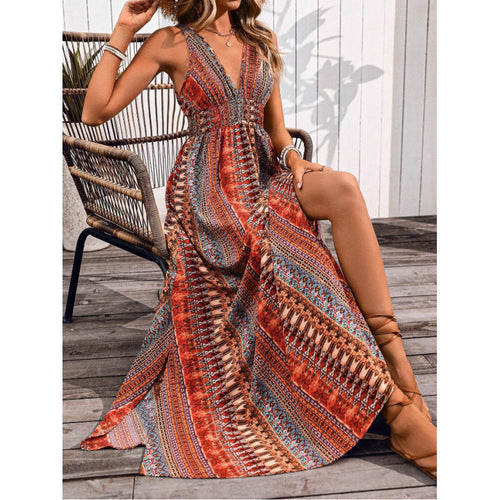 Damen Maxikleid mit tiefem V-Ausschnitt und schwingendem Rock
