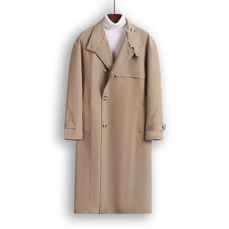 Herren Langgeschnittener Minimalistischer Trenchcoat mit Schalkragen und verstellbaren Ärmelriemen Shop Nory