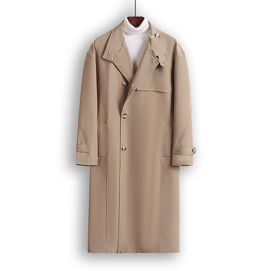 Herren Langgeschnittener Minimalistischer Trenchcoat mit Schalkragen und verstellbaren Ärmelriemen Shop Nory