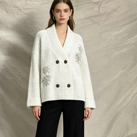 Damen Waffel-Strick-Cardigan mit doppelreihiger Knopfleiste und Schmuckapplikation Shop Nory
