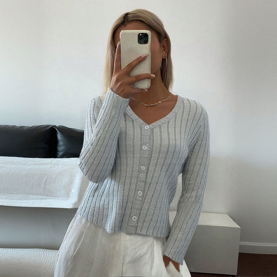 Damen gerippter taillierter V‑Ausschnitt Knopfcardigan Feinstrick Shop Nory