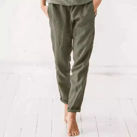 Damen lässige Leinenhose mit elastischem Bund und praktischen Taschen