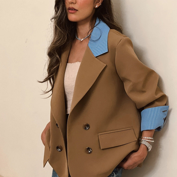 Damen Oversize-doppelreihiger Blazer mit kontrastkragen & aufschlagärmeln Shop Nory
