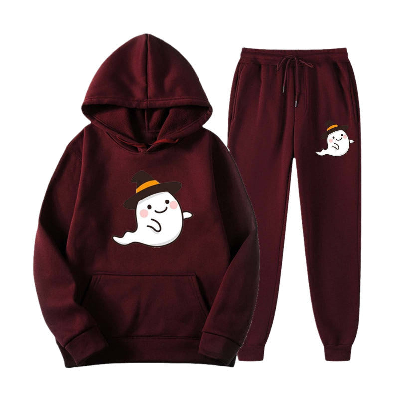 Unisex kuscheliger Kapuzenpullover und Jogginghose Set mit Halloween-Geistprint Shop Nory