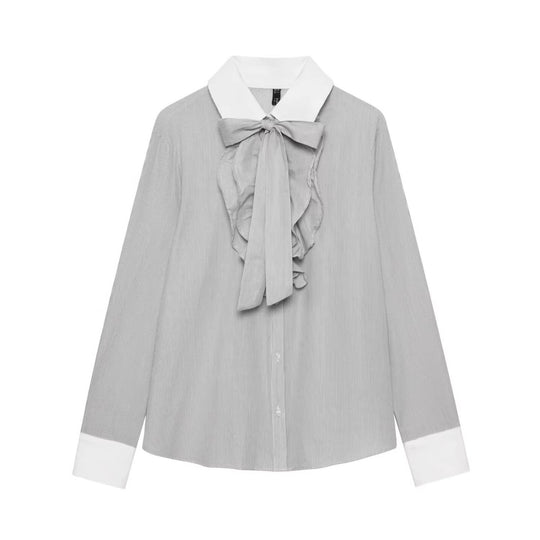 Damen Gestreifte Bluse mit Schleifenkragen, Rüschenfront und Kontrastmanschetten Shop Nory