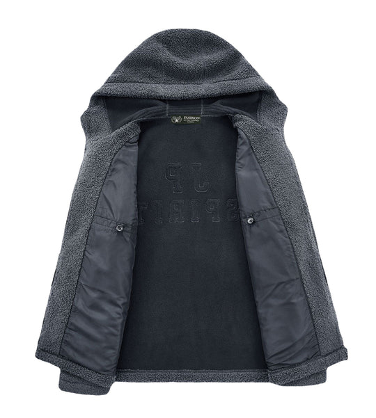 Herren Teddyfleece Kapuzenjacke mit Nylon-Brusttasche und Zwei‑Wege‑Reißverschluss Shop Nory
