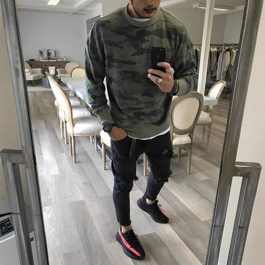 Herren Oversized Camouflage-Sweatshirt mit Rundhalsausschnitt und Rippbündchen Shop Nory