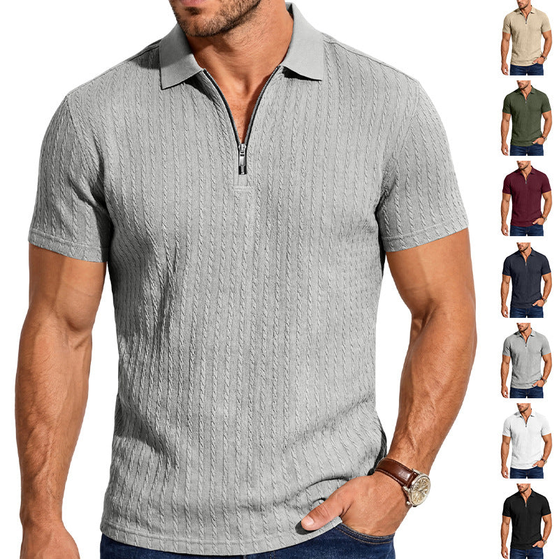 Herren Kurzarm-Strickpoloshirt mit Reißverschluss und Zopfstrickstruktur Shop Nory
