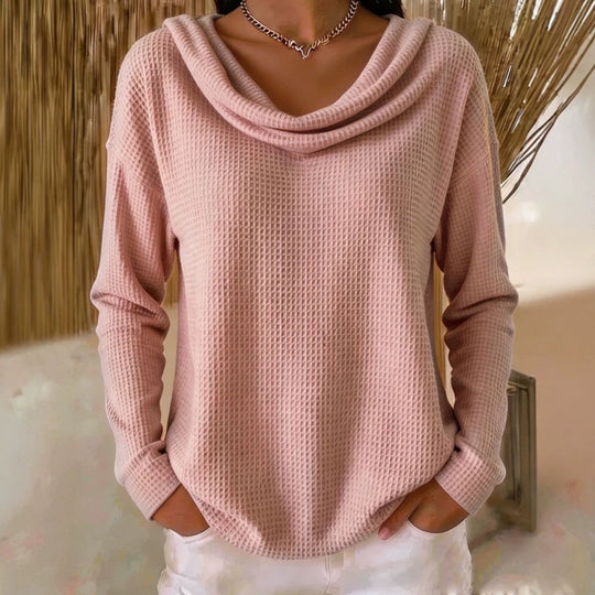 Damen Lässiger Waffelstrick-Pullover mit weitem Wasserfallkragen und gerundetem Saum Shop Nory