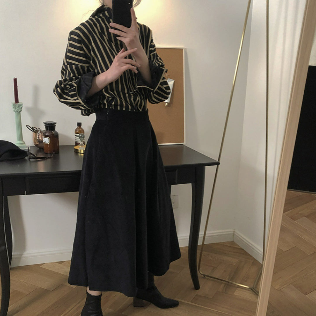 Damen Gestreifte Oversize-Hemdbluse mit Tropfenärmeln und Knopfmanschetten Shop Nory