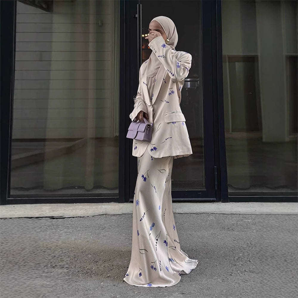 Damen Zweiteiliger Satin-Anzug mit geblümtem Maxirock und oversized Blazer Shop Nory