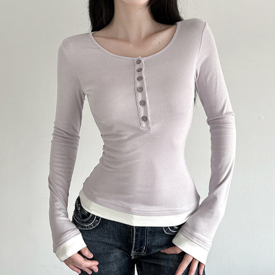 Damen nan tailliertes Henley-Crop-Longsleeve mit kontrastierenden Saum- und Ärmelbündchen Shop Nory