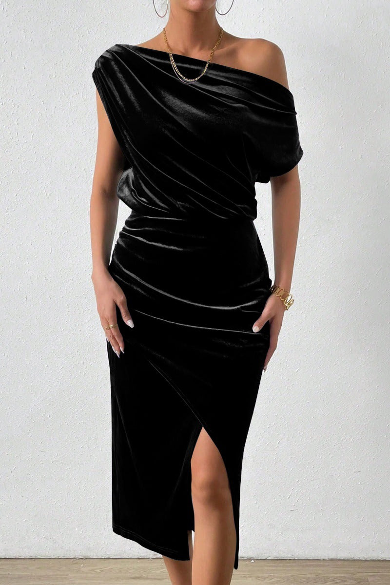 Damen Elegantes Schulterfreies Midikleid im Fließenden Design