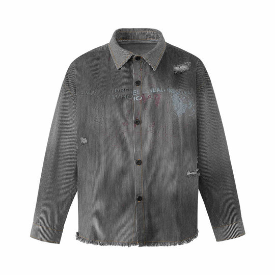 Damen Overshirt-Jacke aus gestreiftem Denim mit Fransen und Used-Details Shop Nory