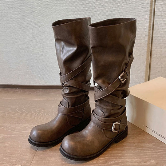 Damen Kniehohe Biker-Stiefel in Leder-Optik mit verstellbaren Schnallen Shop Nory