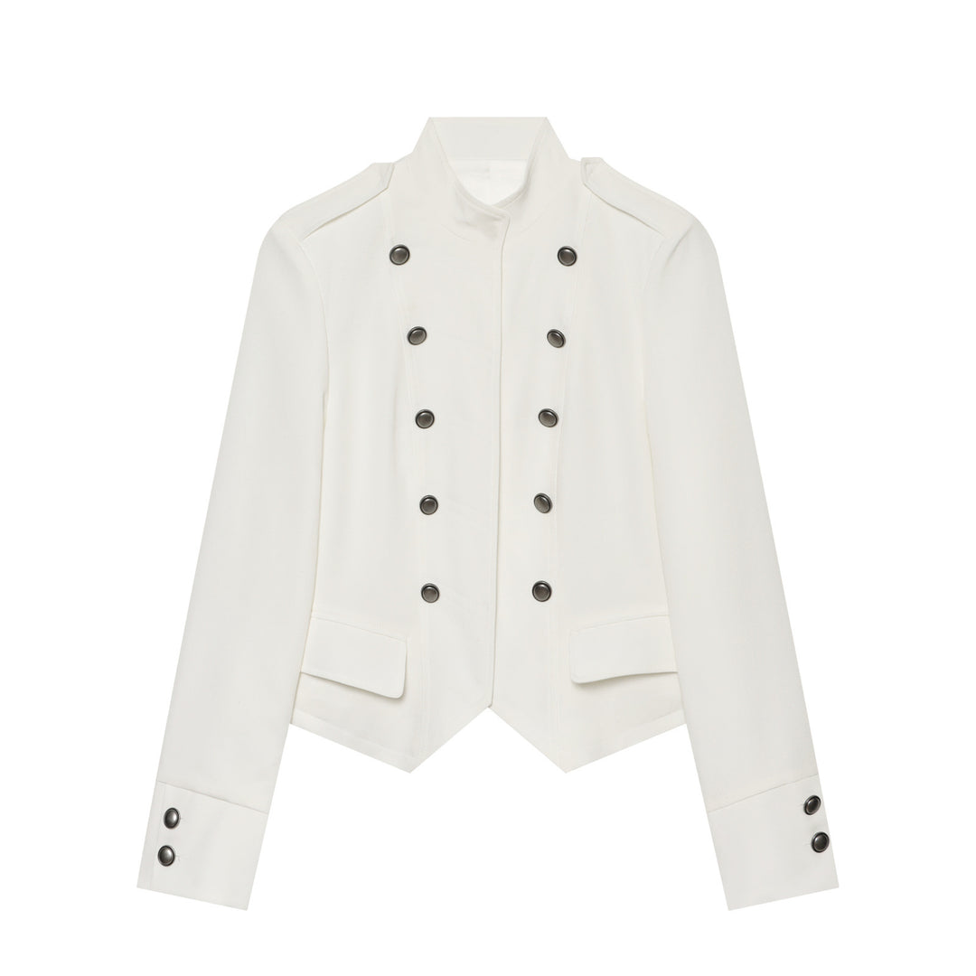 Damen Kurze militärisch-inspirierte Doppelreihige Jacke mit Stehkragen und Pattentaschen Shop Nory