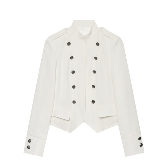 Damen Kurze militärisch-inspirierte Doppelreihige Jacke mit Stehkragen und Pattentaschen Shop Nory