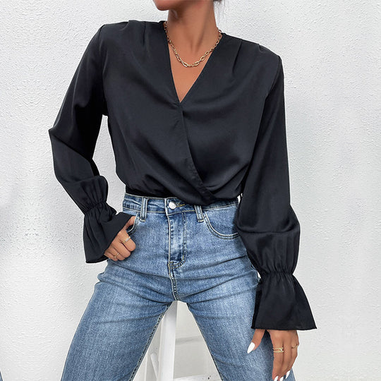 Damen Satin-Body mit Wickel-V-Ausschnitt, tailliertem Rippbund und Volantärmeln Shop Nory