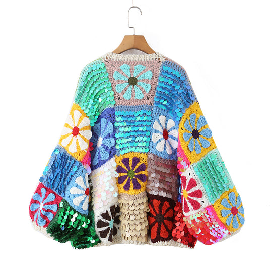 Damen verspielter Häkelpatchwork-Cardigan mit Pailletten und Blumenapplikationen Shop Nory