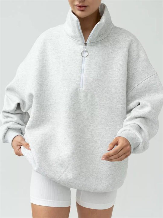 Damen Oversized Halbzip Sweater mit hohem Stehkragen und Rippbündchen Shop Nory