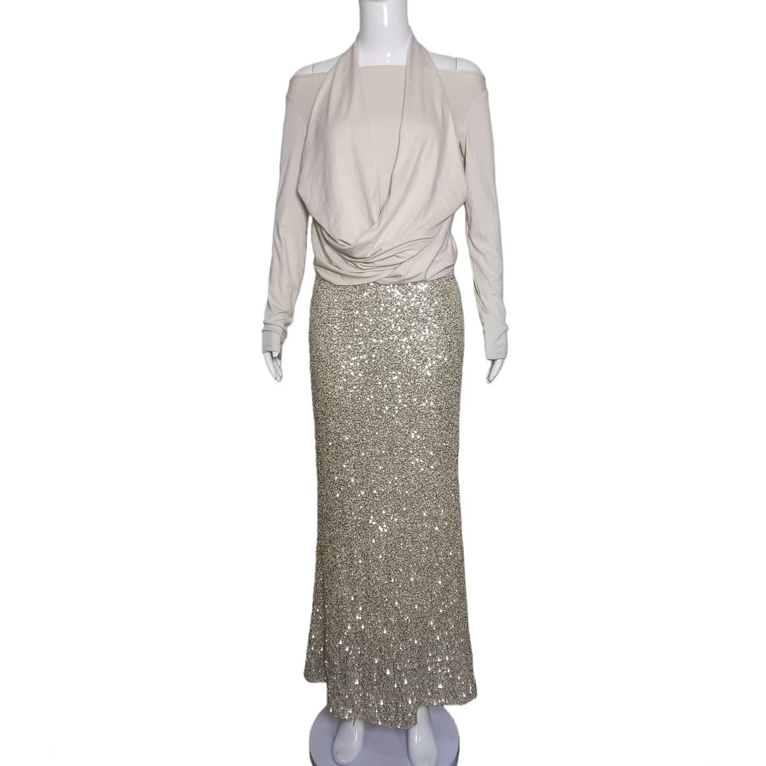 Damen Taillierter Pailletten‑Maxi‑Rock mit Stretchbund und Meerjungfrau‑Silhouette Shop Nory