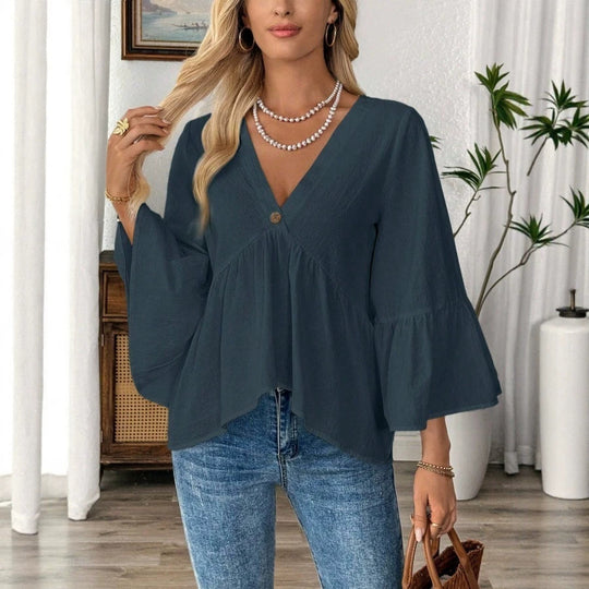 Damen nan elegante Empire-Bluse mit V-Ausschnitt, geraffter Brustnaht und Glockenärmeln Shop Nory