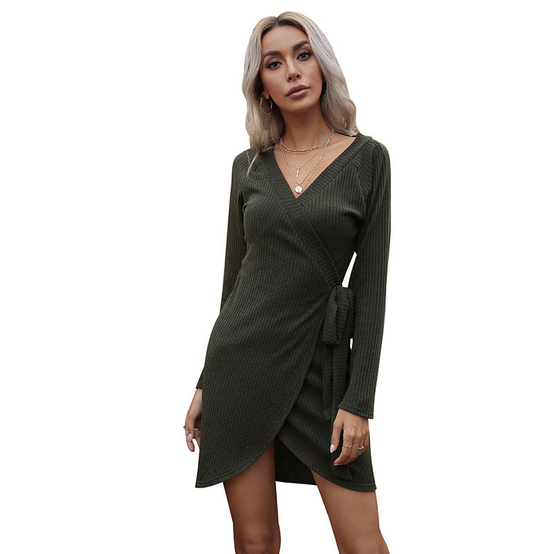 Damen Wickel-Strickkleid mit Rippstruktur und Taillengürtel Shop Nory