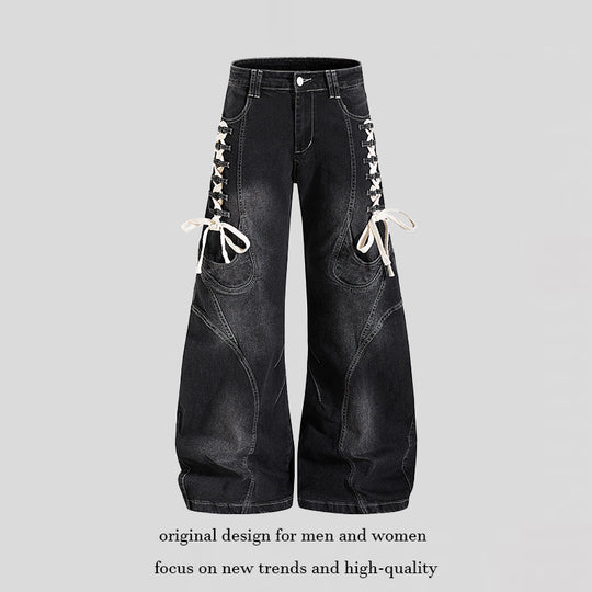 Damen Weite hochtaillierte Denim-Culotte mit seitlicher Schnürung und Cargo-Taschen Shop Nory