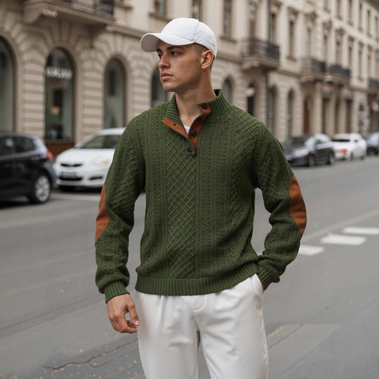 Herren Troyer-Pullover mit Stehkragen, strukturierter Strickoptik und Kontrast-Ellbogenpatches Shop Nory