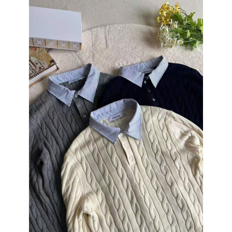 Damen gestrickter Polo-Pullover mit Zopfmuster und eingesetztem Hemdkragen Shop Nory