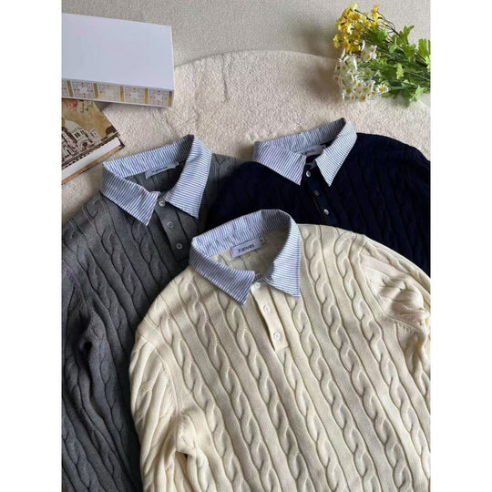 Damen gestrickter Polo-Pullover mit Zopfmuster und eingesetztem Hemdkragen Shop Nory