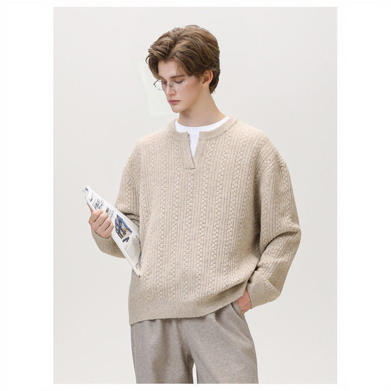 Damen Grobgestrickter Zopfmuster-Pullover mit V‑Ausschnitt und Lagen‑Optik Shop Nory