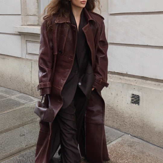 Damen Langer Trenchcoat aus Lederimitat mit Oversize-Schultern und taillierter Silhouette Shop Nory