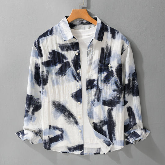 Herren Langarm-Hemdjacke mit abstraktem Pinselprint und feiner Crinkle‑Struktur Shop Nory