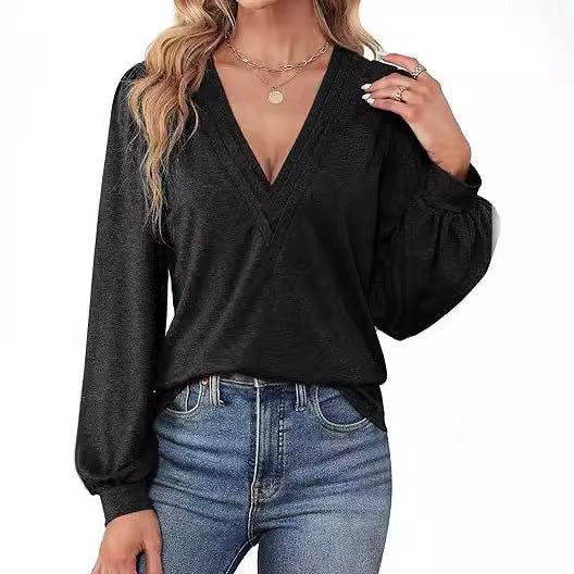 Damen lässiges V-Ausschnitt Shirt mit Puffärmeln und eleganter Raffung Shopnory