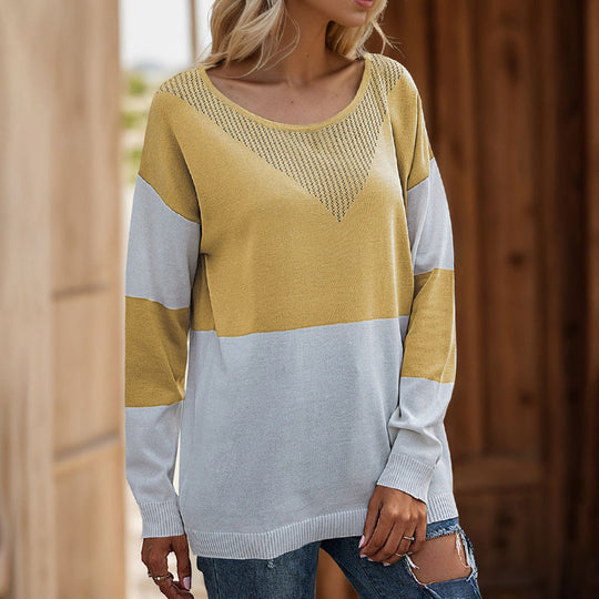 Damen Oversize Strickpullover mit Rundhals, Ajour-Dreieck und Blockstreifen Shop Nory