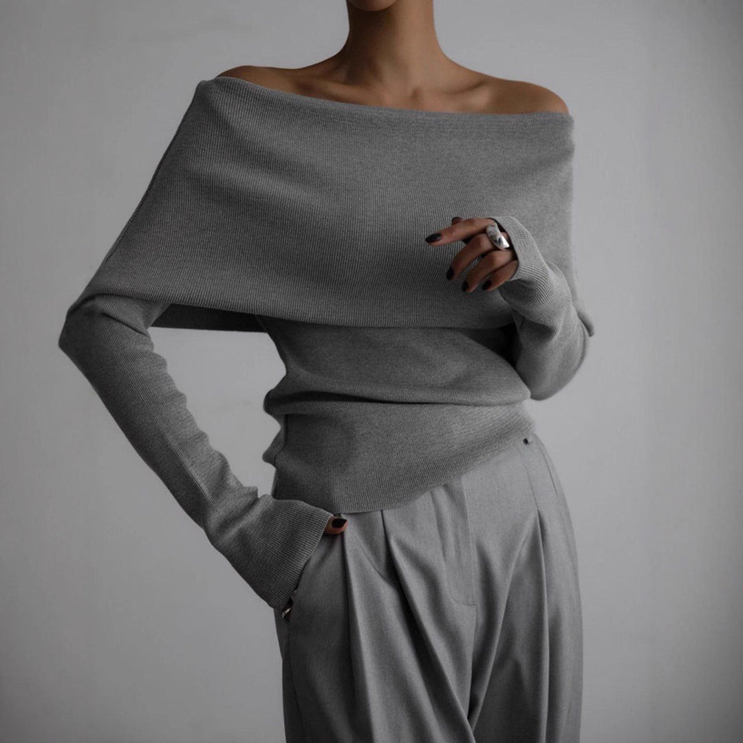Damen schulterfreier Feinstrick-Pullover mit umlegbarem Carmenkragen Shop Nory