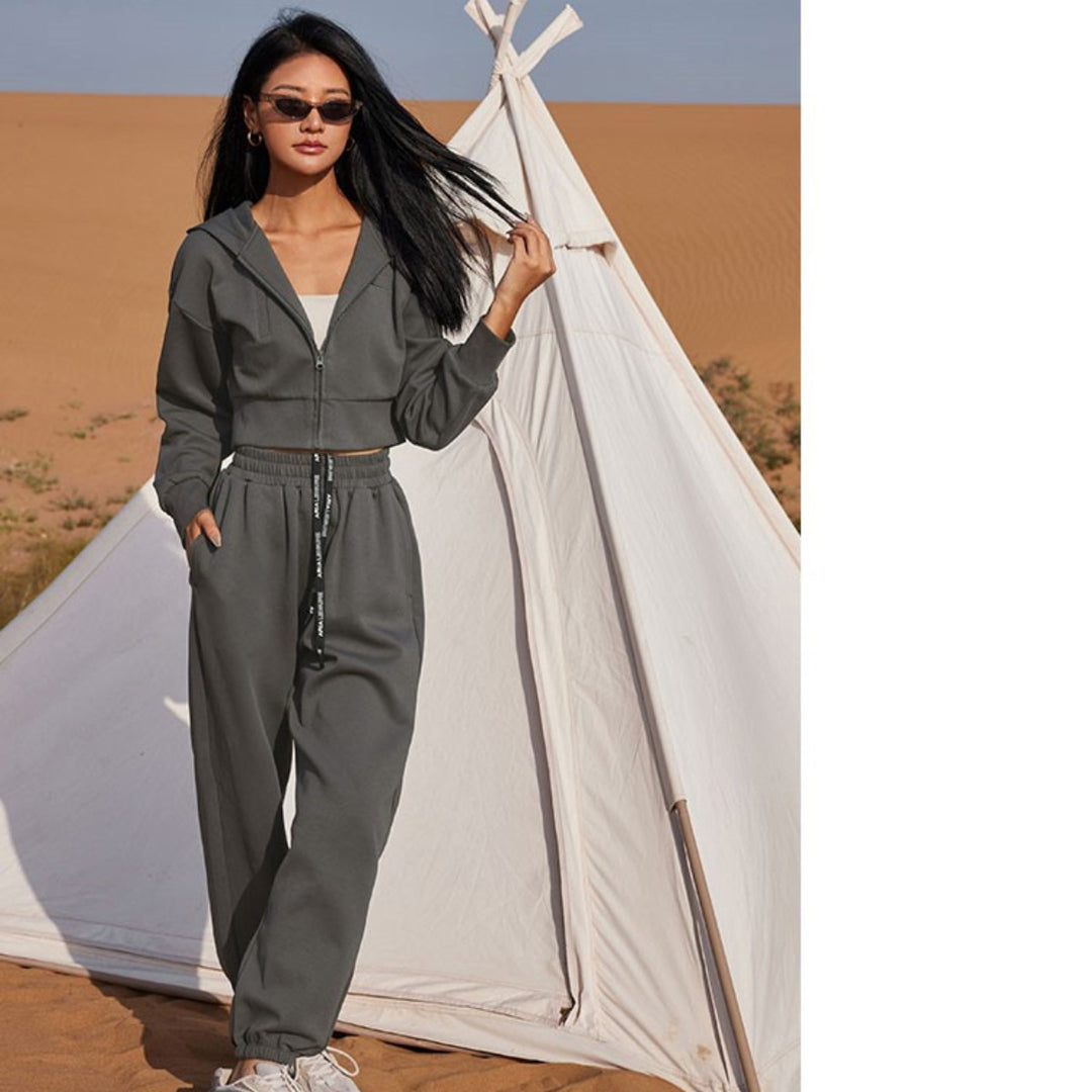 Damen Zweiteiliges Cropped Reißverschluss-Hoodie mit elastischer High-Waist Jogginghose Shop Nory