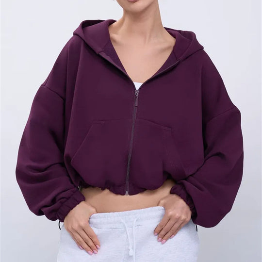 Damen legeres Cropped-Fleece-Hoodie mit Tunnelzugbund, Raglanärmeln und Reißverschluss Shop Nory