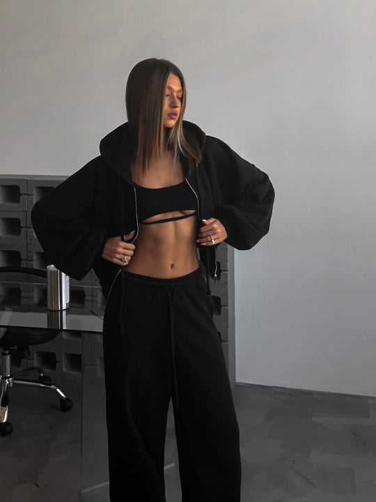 Damen kurzes Kapuzenzipper-Lounge-Set mit oversized Ärmeln und weitem Jogginghose-Schnitt Shop Nory